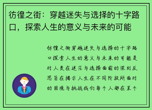 彷徨之街：穿越迷失与选择的十字路口，探索人生的意义与未来的可能